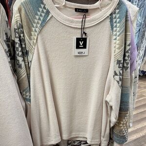 Very J Cream Sweater with Geometric Sleeves